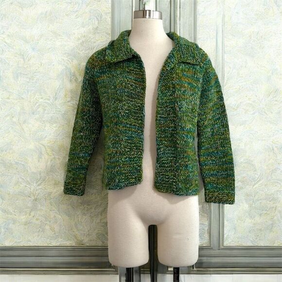 Vintage Sweaters - Hand Knit Open Front Space Dye Green Cardigan Sweater Small Medium